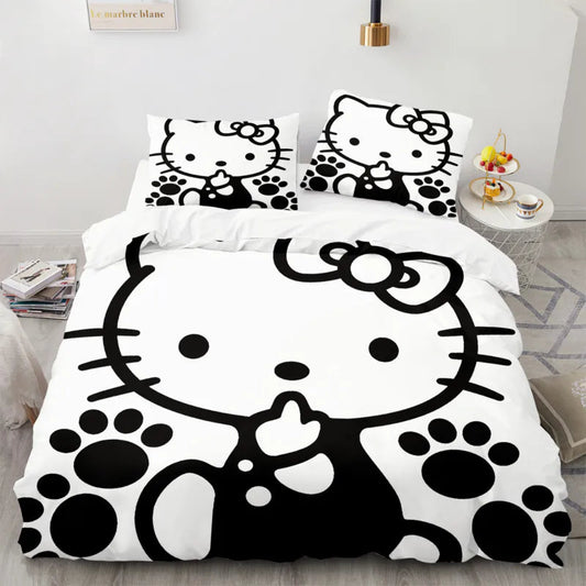 Hello Kitty Bedding Set Hello Kitty And Paw Prints Pattern Duvet Covers Black White Unique Gift