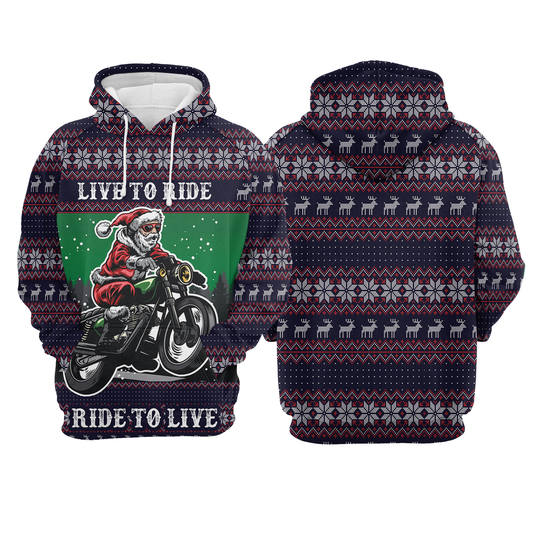 Motorcycle Hoodie Live To Ride Ride To Die Christmas Pattern Hoodie Black Red Unisex