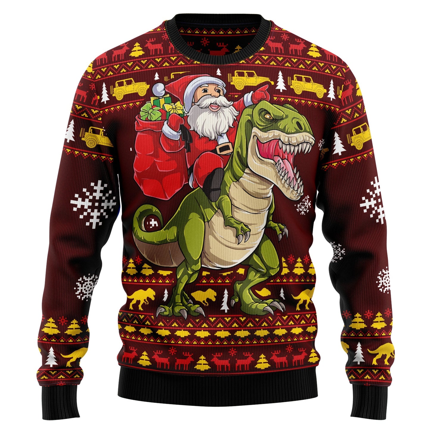 Dinosaur Sweatshirt Santa Riding T-rex Dinosaur Pattern Sweatshirt Dark Red Unisex