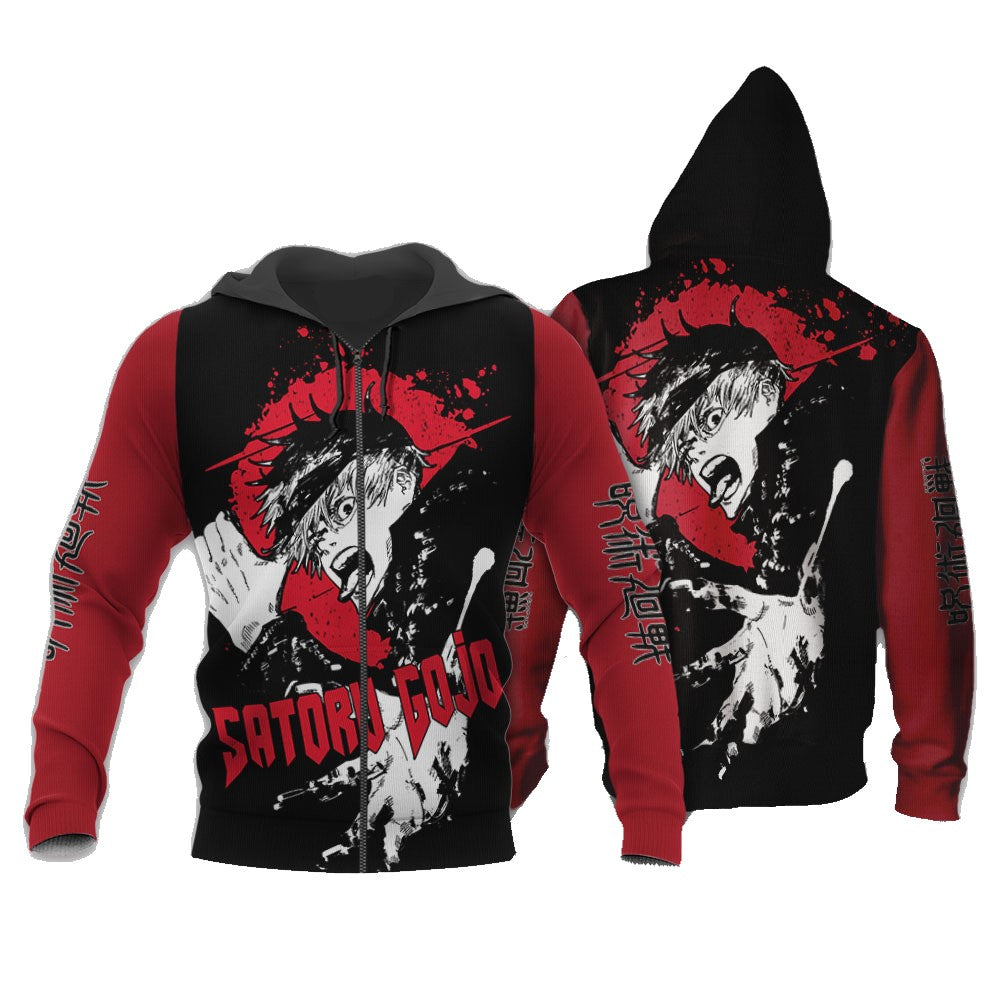 Jujutsu Kaisen Zip Hoodie Satoru Gojo Fighting Zip Hoodie Black Red Unisex