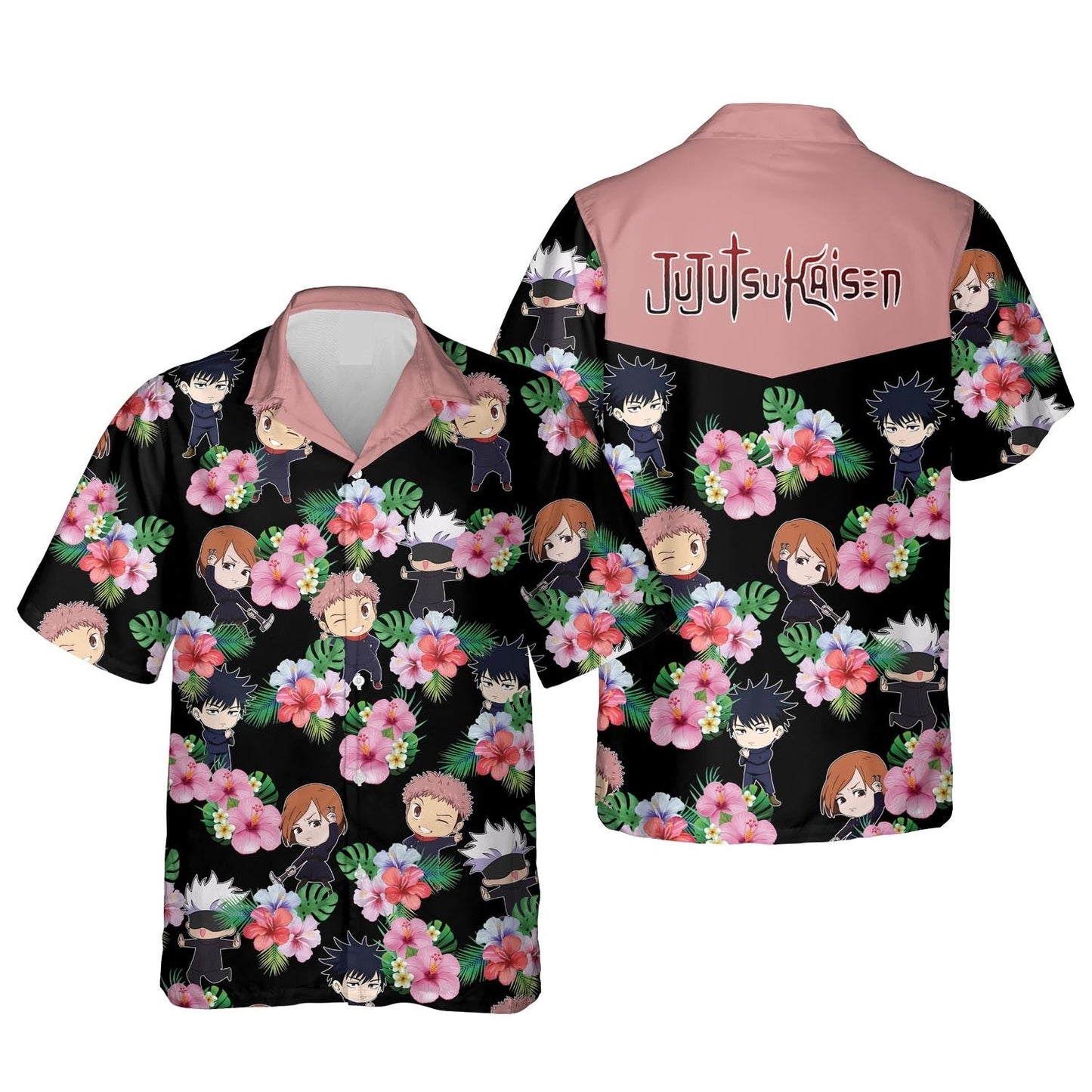 Jujutsu Kaisen Hawaii Shirt Satoru Yuji Megumi Nobara Tropical Aloha Shirt Black Pink Unisex