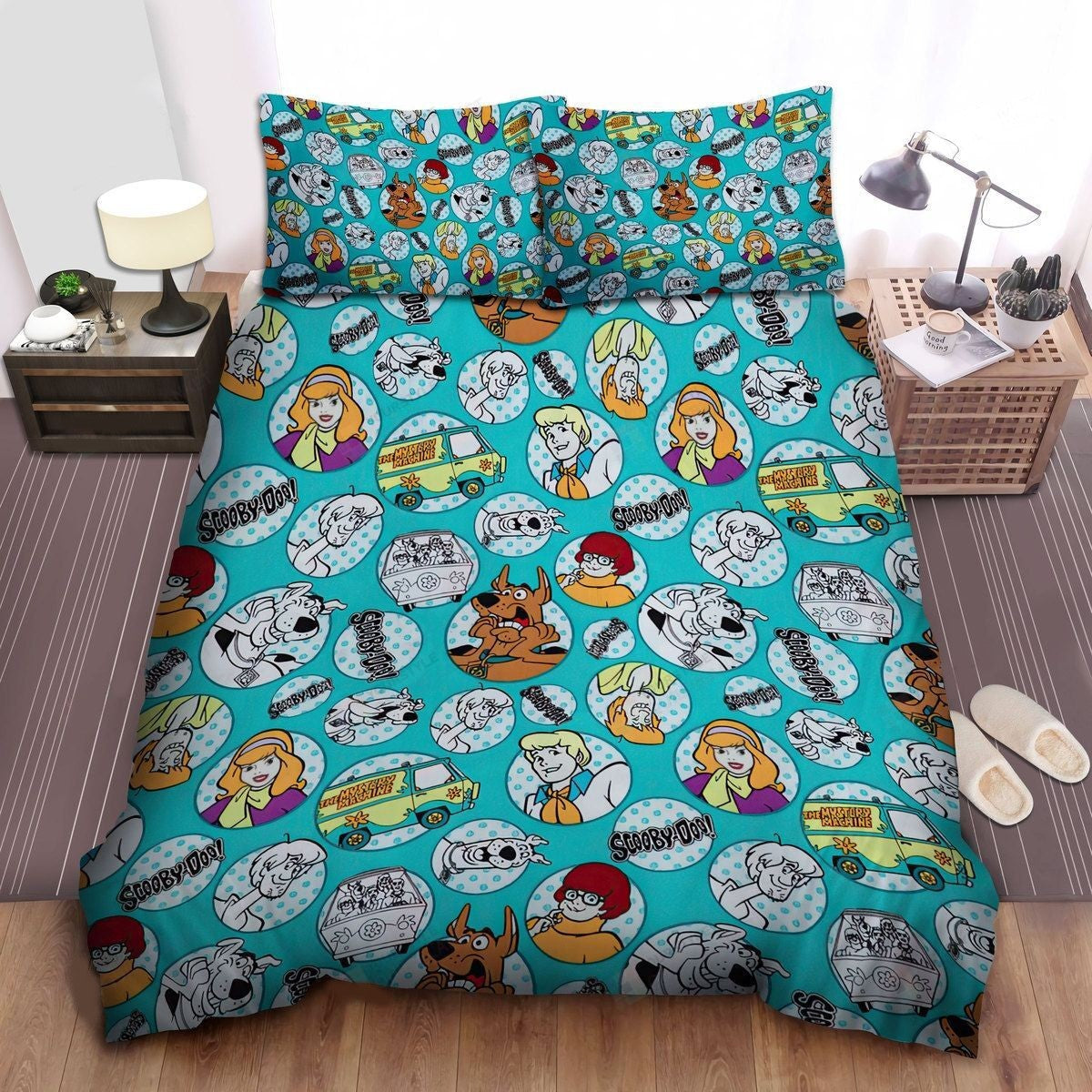 Scooby Doo Bedding Set Scooby Doo Characters Circle Frame Duvet Covers Blue Unique Gift