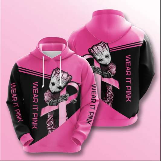  Breast Cancer T-shirt Groot Hugging Breast Cancer Pink Ribbon Wear It Pink Black Pink Hoodie Adult Full Size