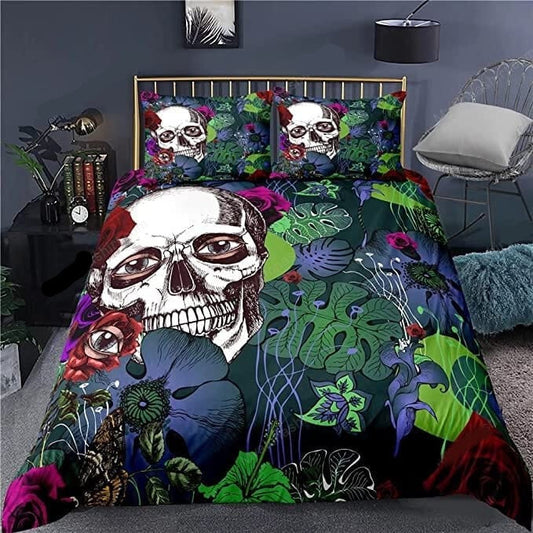 Skull Bedding Set Flower Skull In Forest Duvet Covers Green Unique Gift