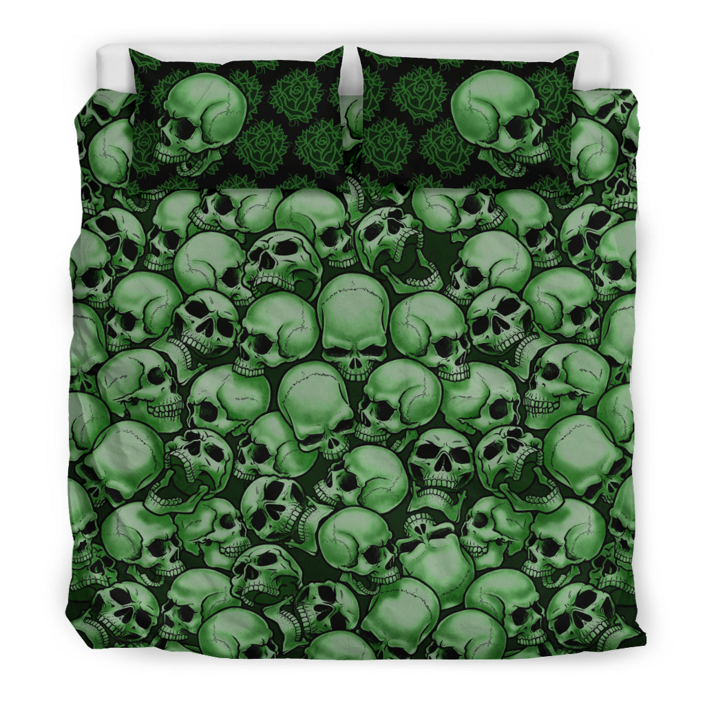 Skull Bedding Set Skull Pile Pattern And Flowers Duvet Covers Green Unique Gift