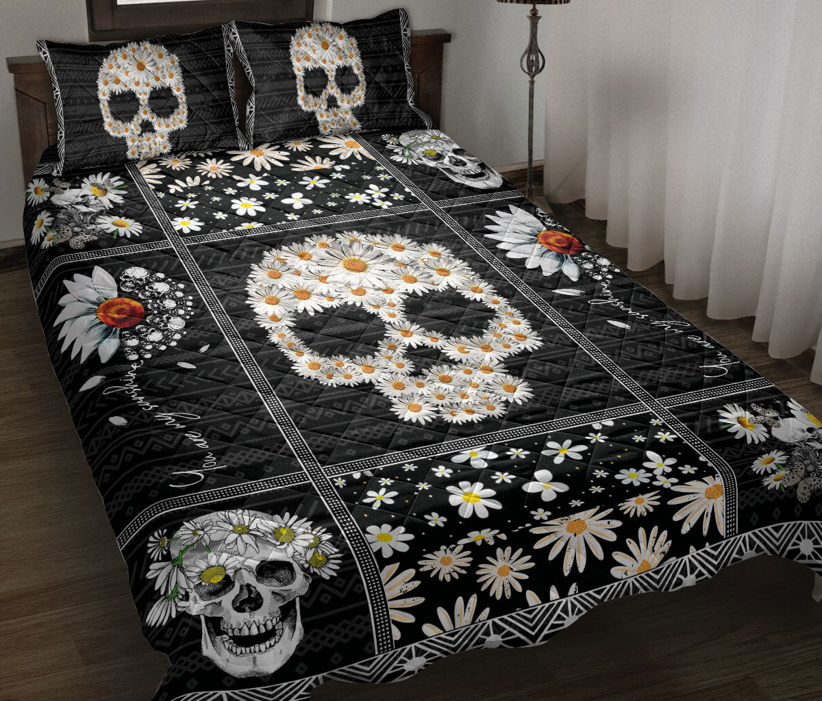 Skull Bedding Set Skull Daisy Flower Pattern Duvet Covers Black White Unique Gift