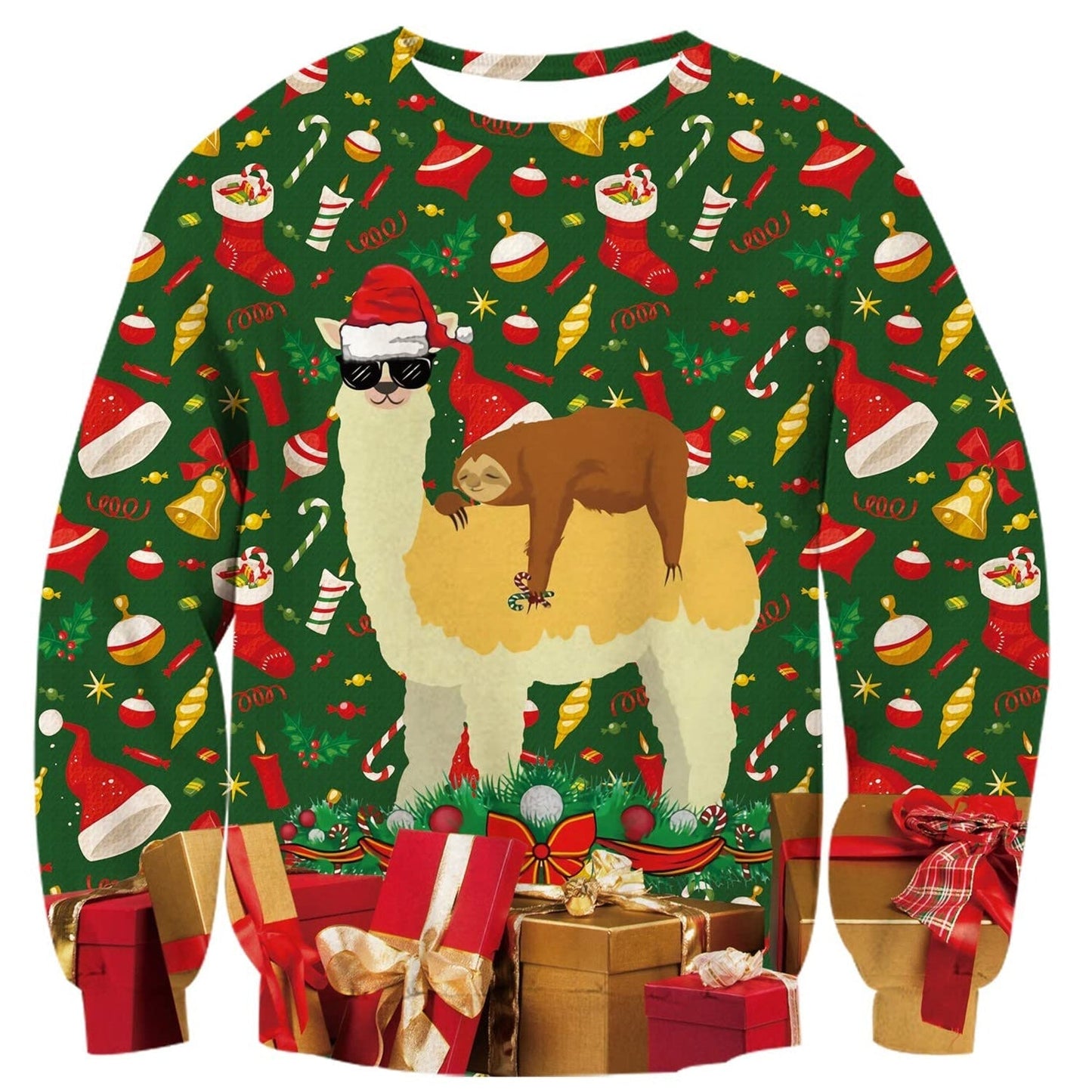 Llama Sweatshirt Sloth On Llama Christmas Gifts Pattern Sweatshirt Red Green Unisex