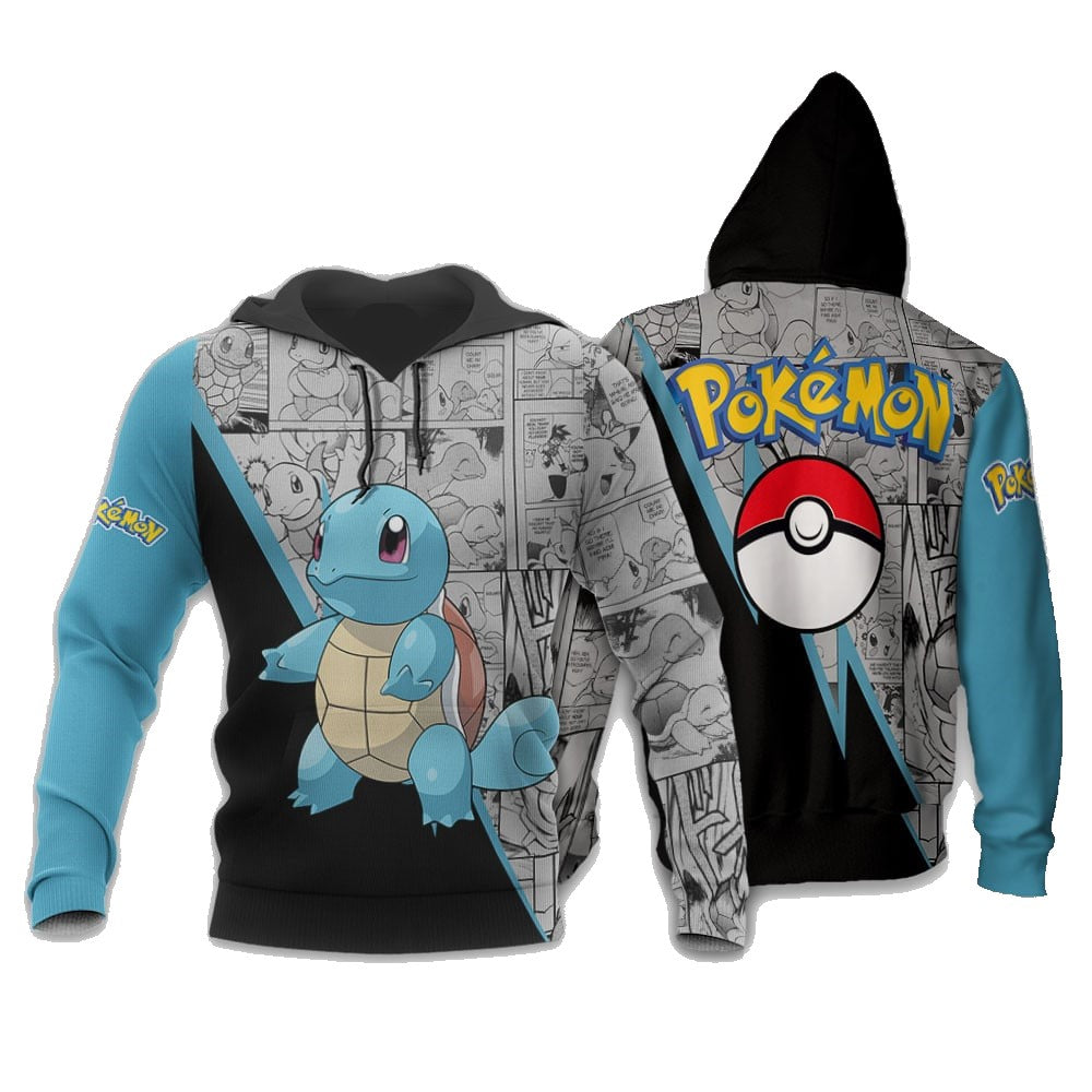 PKM Hoodie Squirtle Graphic Manga Style Hoodie Black Blue Unisex