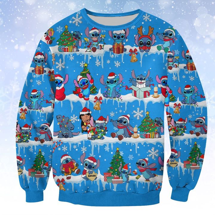 DN Stitch Sweatshirt Stitch And Lilo Snow Pattern Sweatshirt Blue Unisex