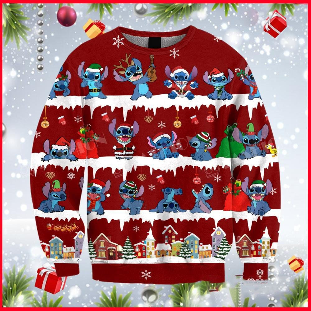 DN Stitch Sweatshirt Stitch Santa Claus Pattern Sweatshirt Red Unisex