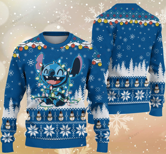 DN Stitch Sweatshirt Stitch Lights Snowman Pattern Sweatshirt Blue Unisex