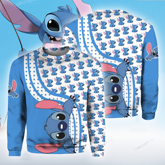 DN Stitch Sweatshirt Stitch Biting Pattern Sweatshirt Blue White Unisex