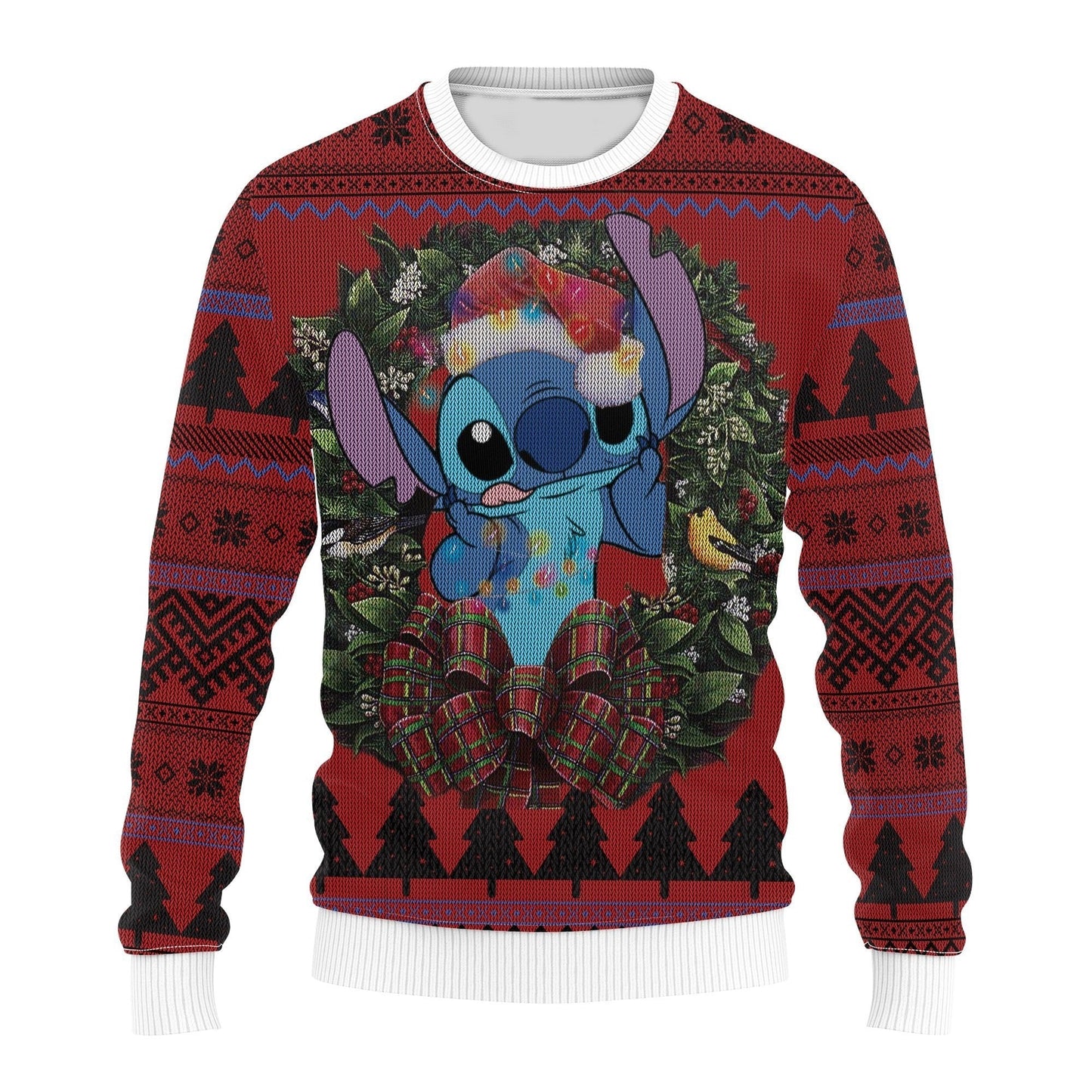 DN Stitch Sweatshirt Stitch Christmas Wreath Sweatshirt Red Unisex