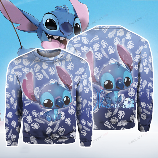 DN Stitch Sweatshirt Stitch Ohana Tropical Leaf Pattern Sweatshirt Blue Unisex