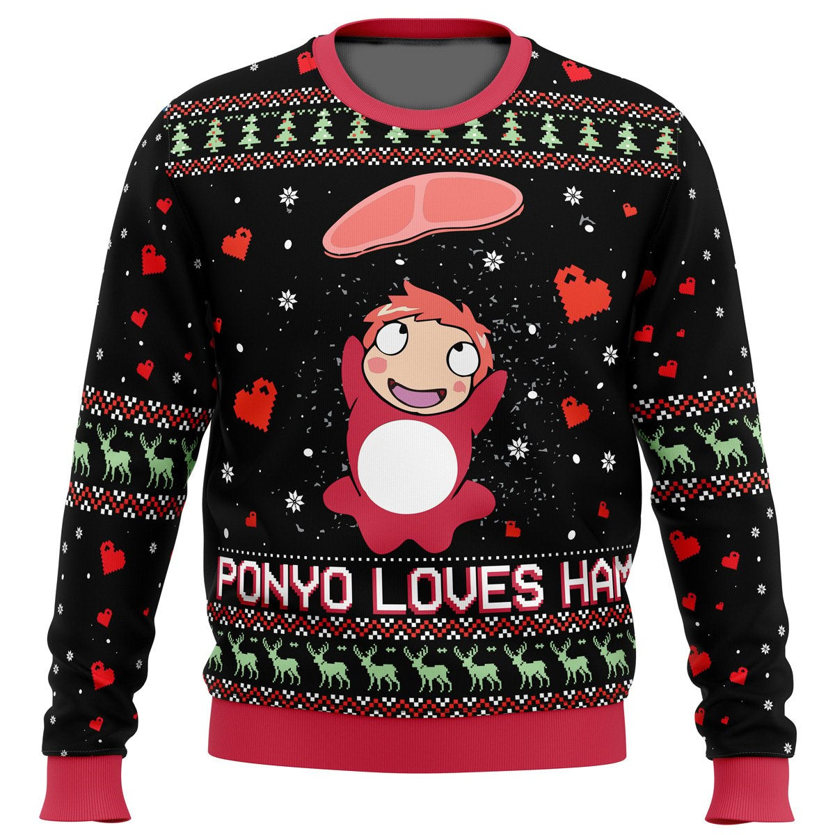 SGhibli Sweatshirt Ponyo Loves Ham Heart Pattern Sweatshirt Black Unisex