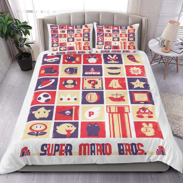 Mario Bedding Set Super Mario Bros Retro Gaming Duvet Covers White Unique Gift