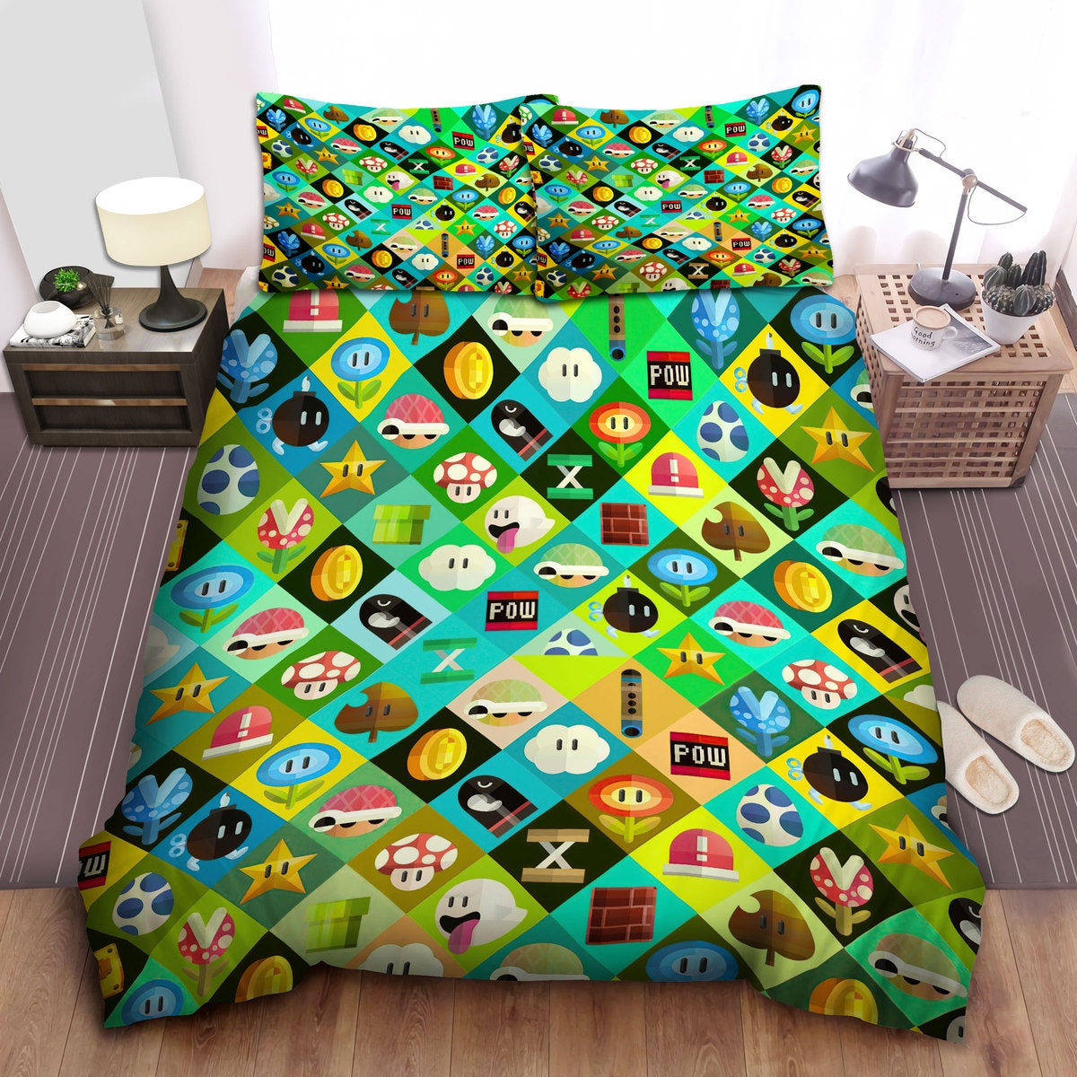 Mario Bedding Set Super Mario Icons Pattern Duvet Covers Green Unique Gift