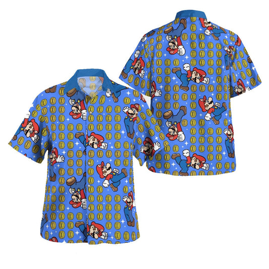 Mario Hawaii Shirt Super Mario With Coin Pattern Aloha Shirt Blue Unisex