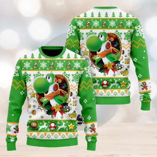 Mario Sweatshirt Yoshi Christmas Game Pattern Sweatshirt White Green Unisex