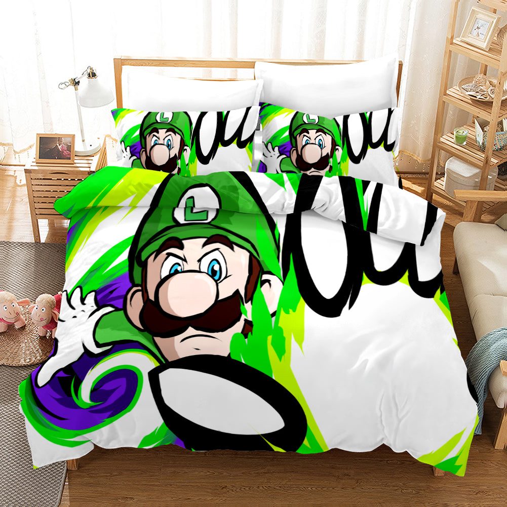 Mario Bedding Set Ultimate Mario Luigi Graphic Duvet Covers White Green Unique Gift