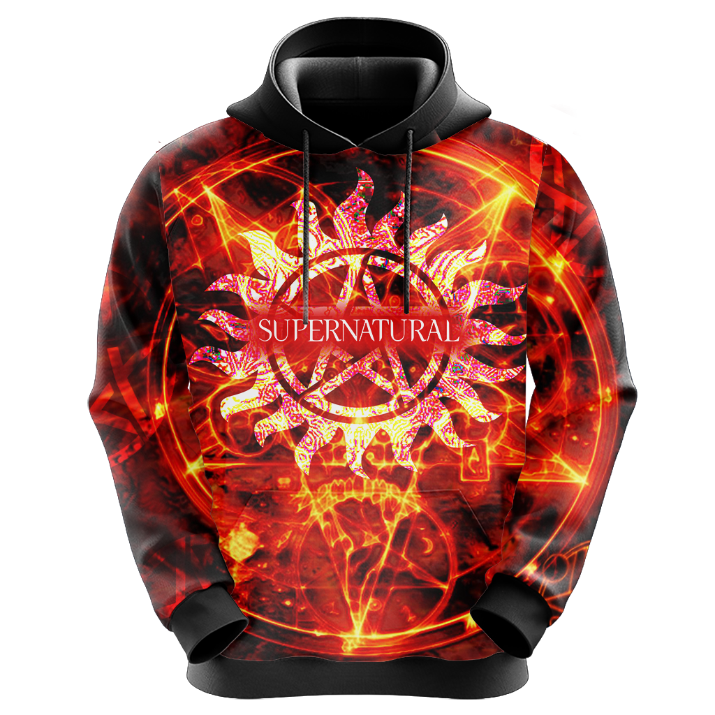 Supernatural Hoodie Supernatural Symbol On Fire Hoodie Black Orange Unisex