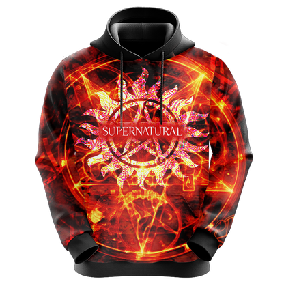 Supernatural Hoodie Supernatural Symbol On Fire Hoodie Black Orange Unisex