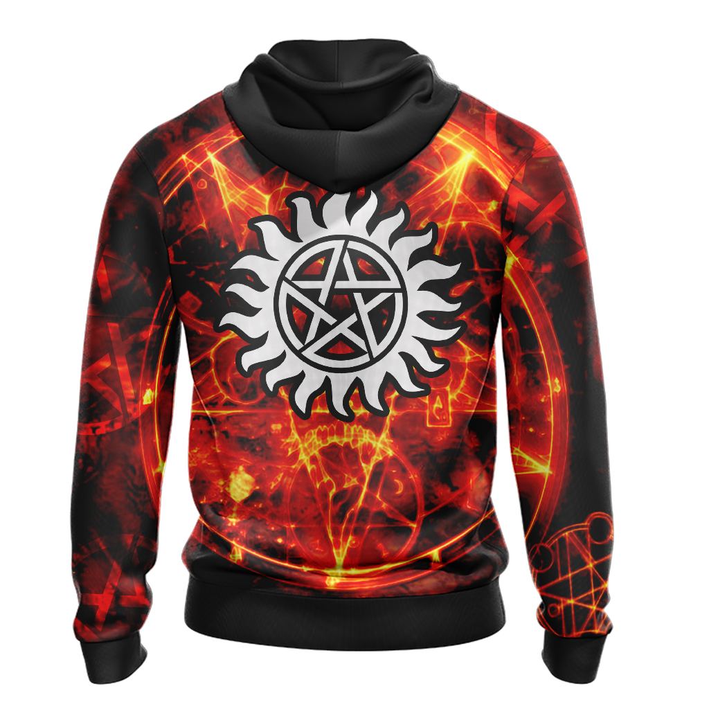 Supernatural Hoodie Supernatural Symbol On Fire Hoodie Black Orange Unisex