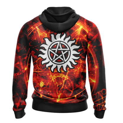 Supernatural Hoodie Supernatural Symbol On Fire Hoodie Black Orange Unisex