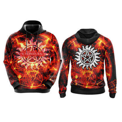 Supernatural Hoodie Supernatural Symbol On Fire Hoodie Black Orange Unisex