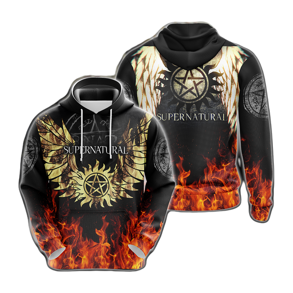 Supernatural Hoodie Supernatural Symbol Wings and Fire Hoodie Black Unisex