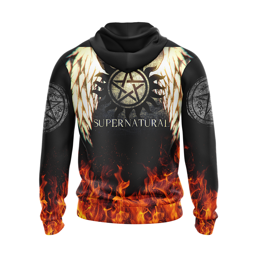 Supernatural Hoodie Supernatural Symbol Wings and Fire Hoodie Black Unisex