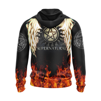 Supernatural Hoodie Supernatural Symbol Wings and Fire Hoodie Black Unisex