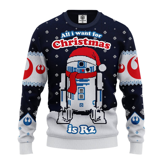 SW Christmas Sweater All I Want For Christmas Is R2 Blue White Ugly Sweater