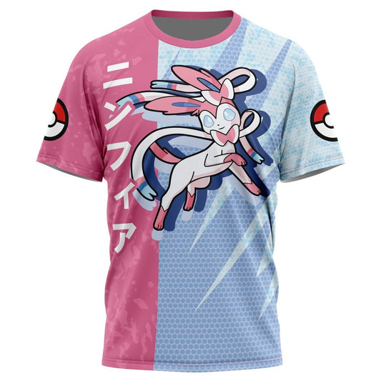 PKM T-shirt PKM Sylveon Attack Pose T-shirt Pink Blue Unisex