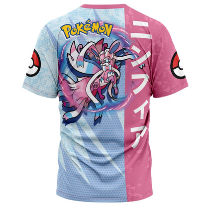 PKM T-shirt PKM Sylveon Attack Pose T-shirt Pink Blue Unisex