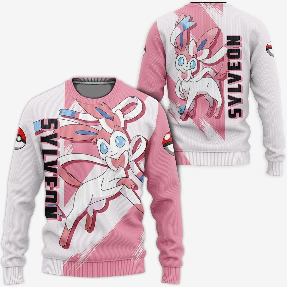 PKM Sweatshirt PKM Fairy Type Sylveon Pokeball Pattern Sweatshirt Pink White Unisex