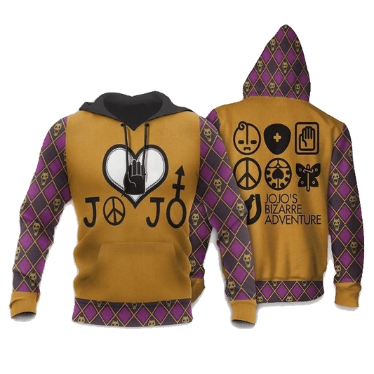 JoJos Bizarre Adventure Hoodie Character Symbols Jojos Bizarre Adventure Hoodie Yellow Pink Unisex