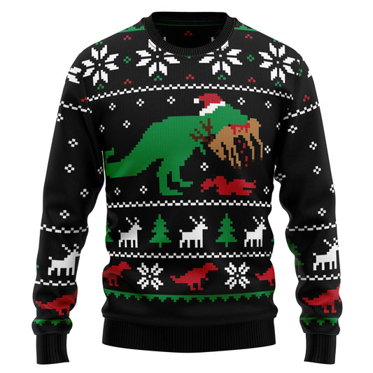 Dinosaur Sweatshirt T-rex Hunting Christmas Pattern Sweatshirt Black Unisex