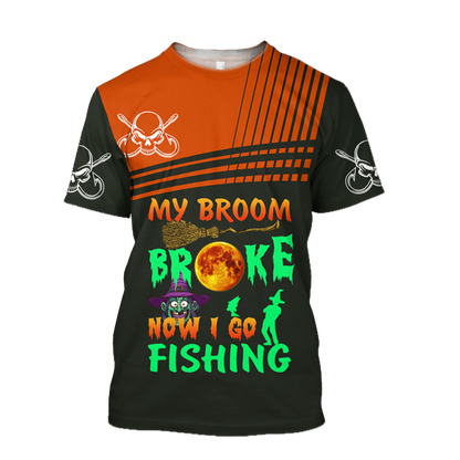  Halloween Shirt Halloween My Broom Broke Now I Go Fishing Fishing Reaper Black Orange T-shirt Halloween Hoodie Adult Full Print