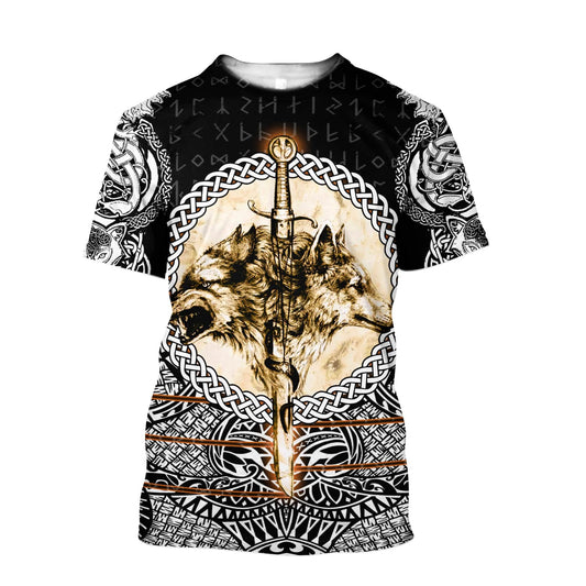  Viking Shirt Viking Wolves And Sword Norse Art Black White T-shirt Adult Full Size Full Print