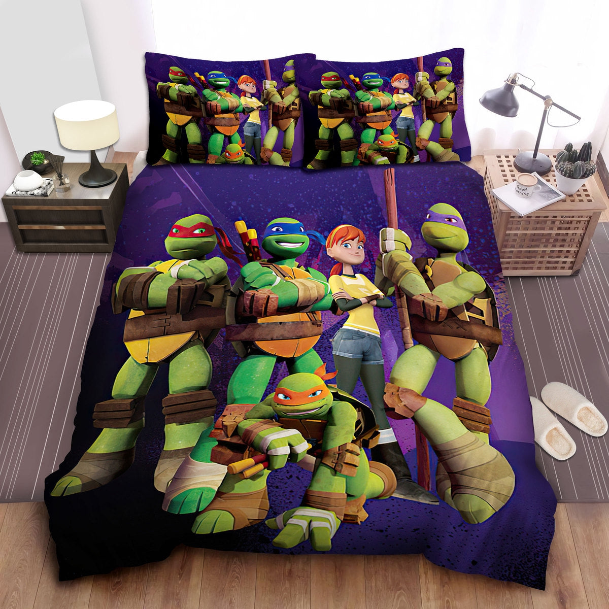 TMNT Bedding Set Ninja Turtles Posing With April O’neil Duvet Covers Colorful Unique Gift