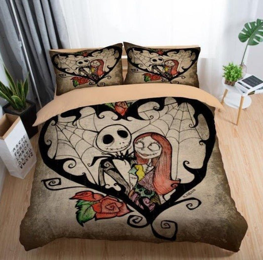 TNBC Bedding Set Jack And Sally Heart Vintage Duvet Covers Brown Unique Gift