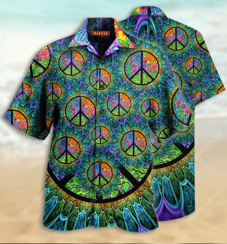  Hippie Hawaiian Shirt Peace Symbols Pattern Flower Green Hawaii Aloha Shirt