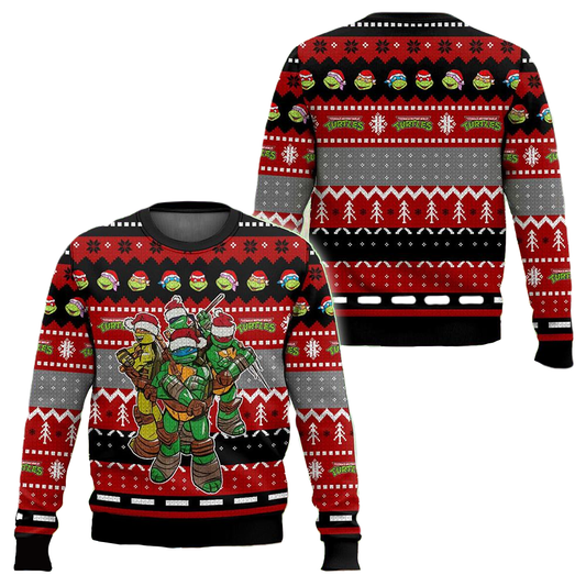 TMNT Sweatshirt Ninja Turtles With Christmas Hats Pattern Graphic Sweatshirt Red Black Unisex