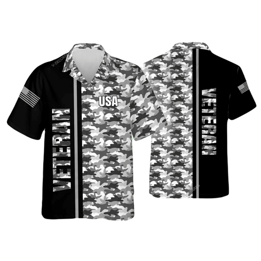 Veteran Hawaii Shirt USA Flag Veteran Camoflage Aloha Shirt Black Gray Unisex