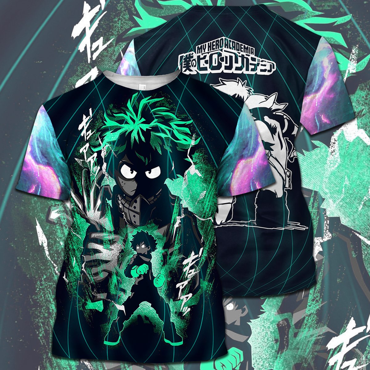  My Hero Academia T-shirt Midoriya Izuku Silhouette White Green My Hero Academia Logo T-shirt Hoodie Adult Full Print