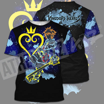  Kingdom Hearts T-shirt Sora Silhouette Watercolor Splatter Kingdom Hearts Logo Black Blue T-shirt Hoodie Adult Full Print