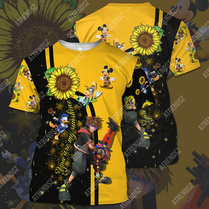  Kingdom Hearts T-shirt You Are My Sunshine Sunflower Sora Donald Goofy Yellow Black T-shirt Hoodie Adult Full Print