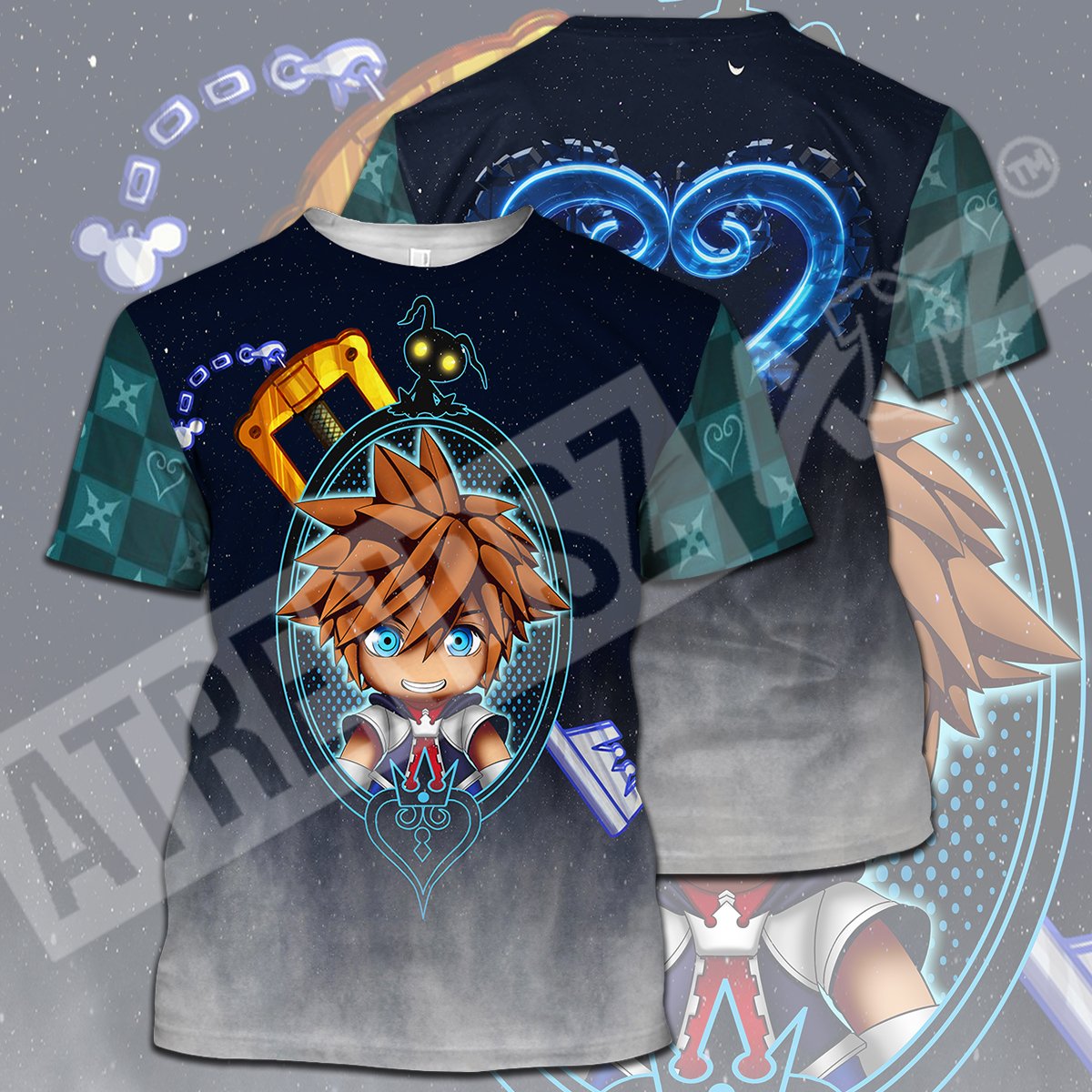  Kingdom Hearts T-shirt Chibi Sora Shadow Crystal Kingdom Hearts Logo Green T-shirt Hoodie Adult Full Print