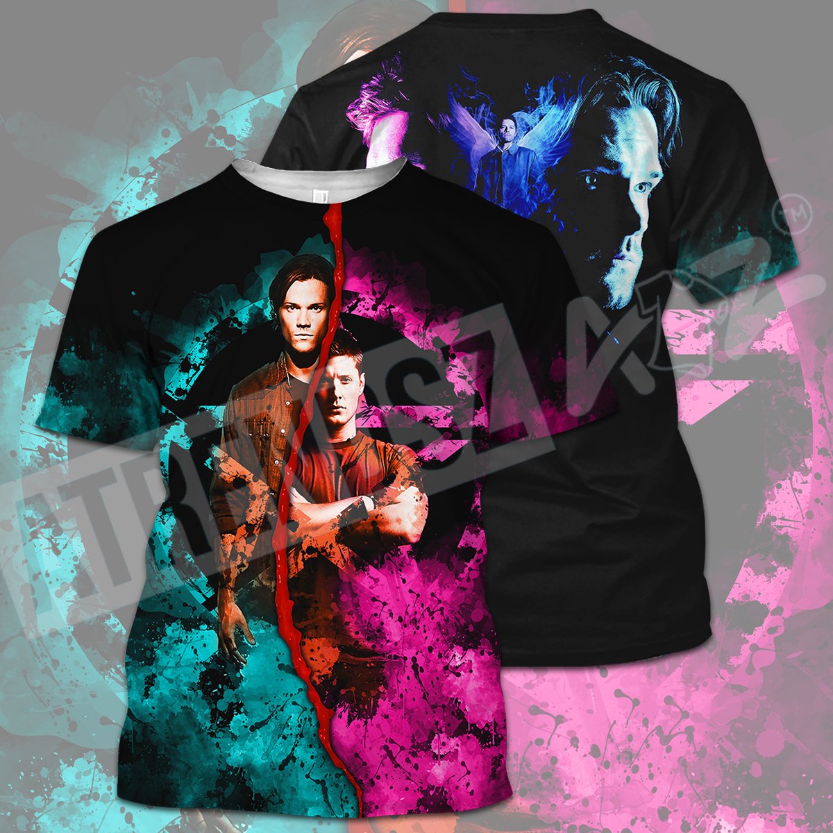  Supernatural T-shirt Dean And Sam Winchester Blue Pink T-shirt Hoodie Adult Full Print